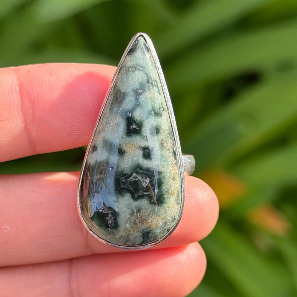 Size 9.75 925 silver‎ plated green ocean jasper ring 0871